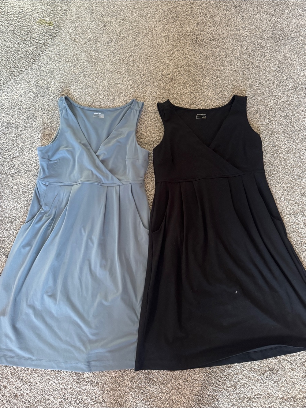 Eddie Bauer Sleeveless Wrap-Front Midi Dresses in Black and Light Blue